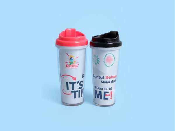 Tumbler plastik promosi insert paper custom warna warni untuk souvenir seminar