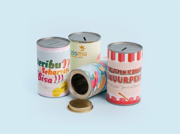 Celengan kaleng custom desain bebas untuk souvenir sekolah dan wisuda anak PAUD TK dari Garasi Digital