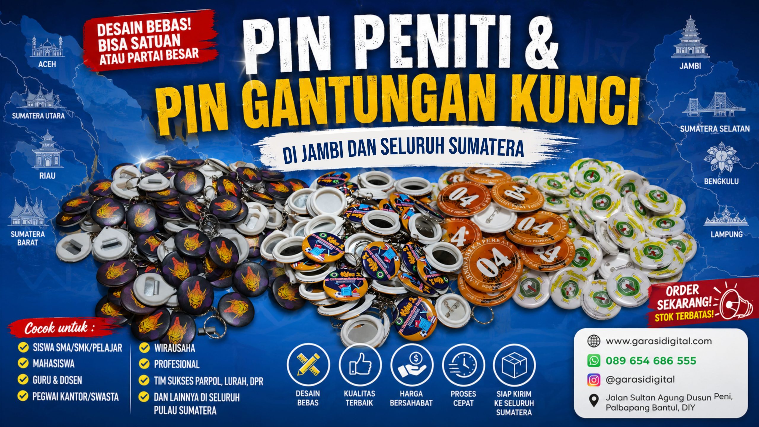 Pin custom full color dari Garasi Digital siap dikirim ke seluruh Jambi