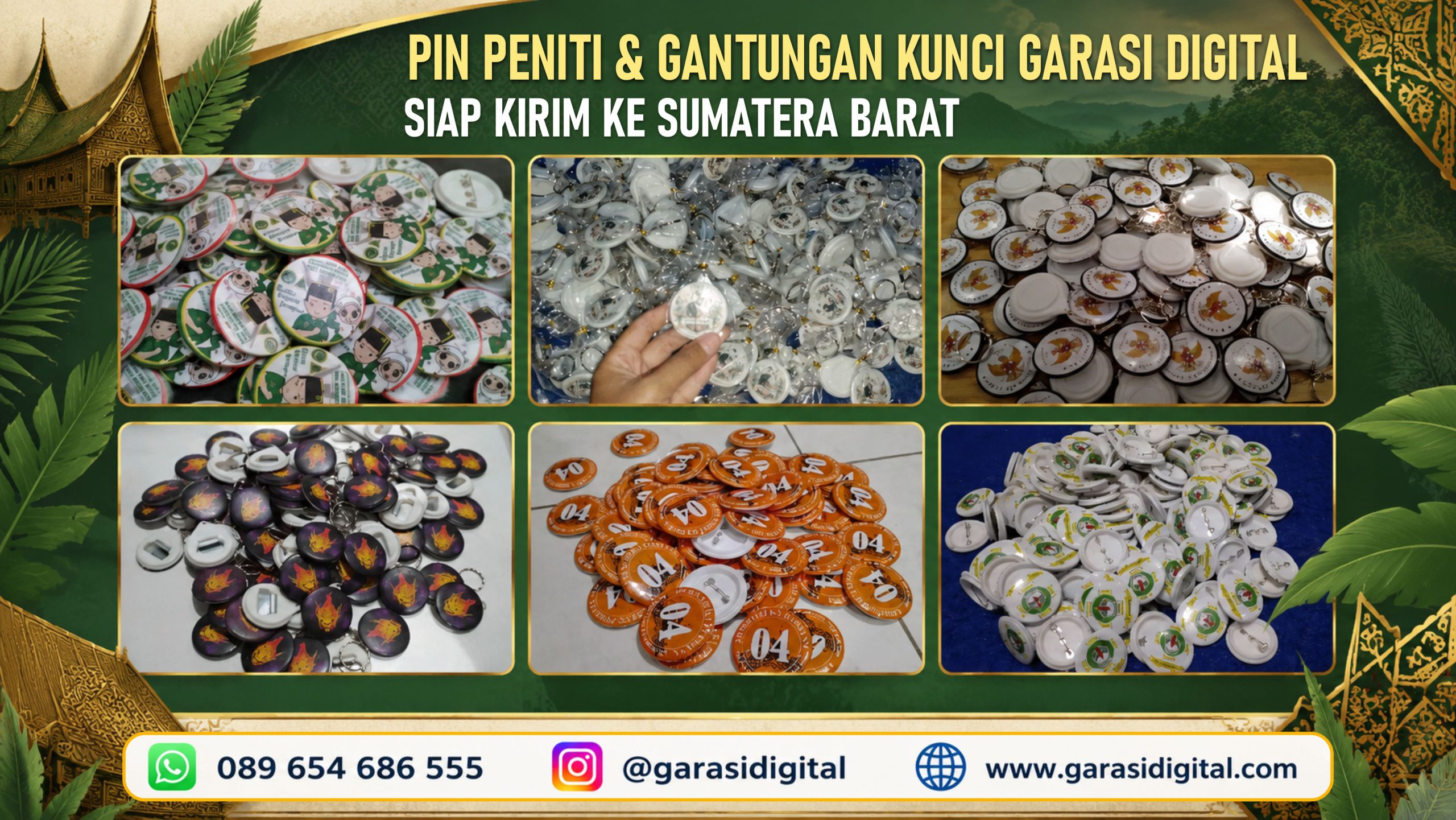 Cetak pin custom peniti dan gantungan kunci di Sumatera Barat oleh Garasi Digital