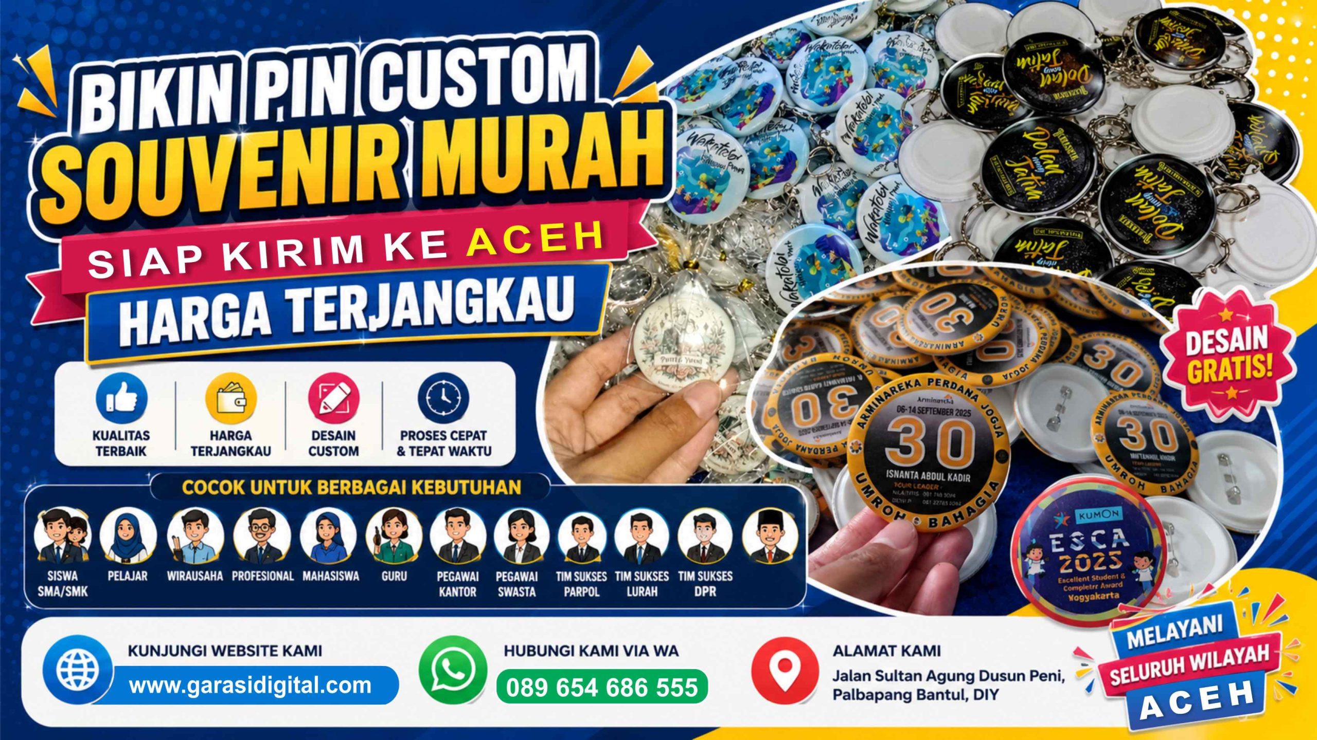 Jual Pin Custom di Aceh – Solusi Merchandise & Souvenir Terbaik dari Garasi Digital
