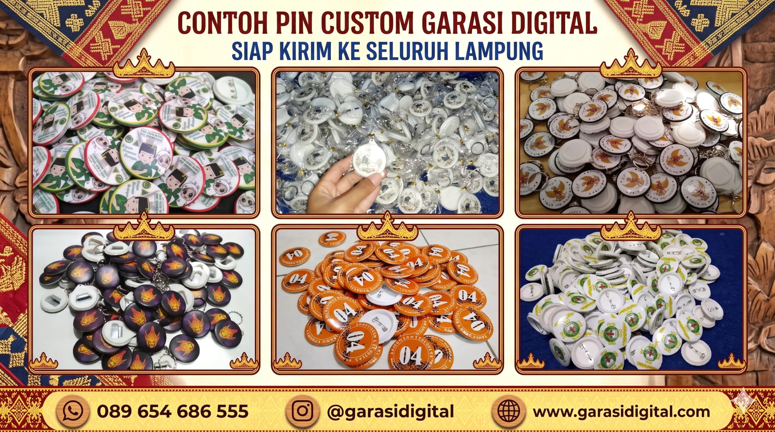 Pin custom full color untuk bisnis dan event di Lampung dari Garasi Digital Yogyakarta