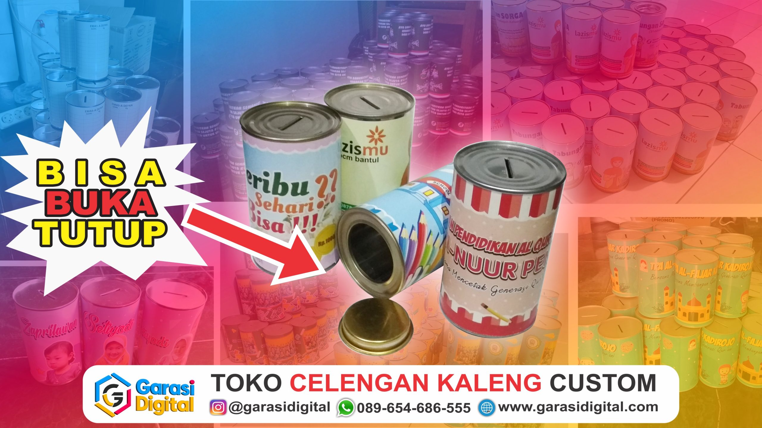 Toko yang menjual celengan kaleng berpenutup bawah dengan gambar dan tata letak visual sesuai permintaan klien.