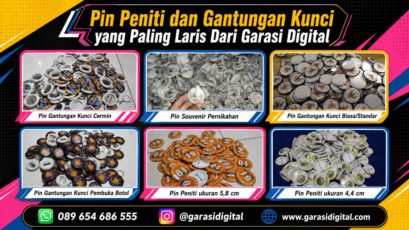 Variasi pin peniti dan pin gantungan kunci custom terlaris Garasi Digital dengan berbagai desain menarik, bahan premium dan finishing berkualitas